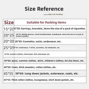 Detailed sizing guide chart for luxury plastic retail gift bags and boutique packaging