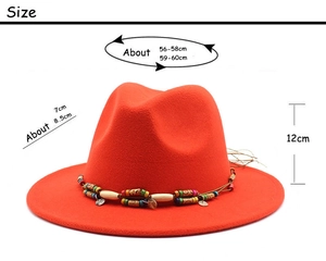 Tableau des tailles détaillé pour chapeau fedora orange en laine avec ruban perlé