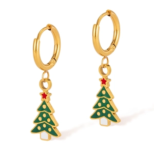Christmas tree hoop earrings in green enamel with gold finish for festive holiday fashion