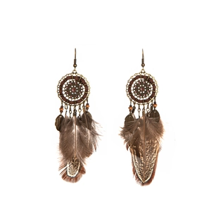 Detailed view of bohemian feather earrings featuring woven beads and dreamcatcher alloy frame