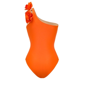 Bright orange one-shoulder one-piece swimsuit with 3D floral accents on a white background