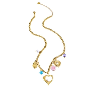 Chic gold necklace with pink flowers, blue hearts, and purple beads on white background