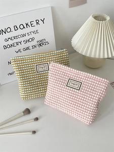 Knit Makeup Bag Popcorn Bubble Texture Cosmetic Toiletry Organizer Travel Pouch Canvas Lining Chessboard Pattern Women