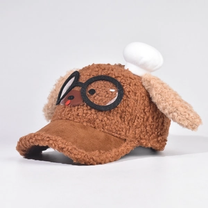 Detail of cute puppy fleece baseball cap with glasses decoration and dog ears