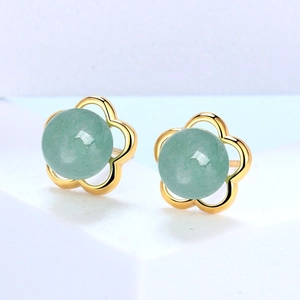 Elegant S925 silver flower stud earrings with green aventurine and gold plating