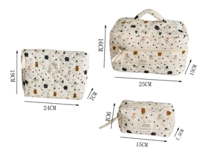 Dettaglio di tre beauty case in cotone trapuntato con stampe di orsetti e alberi di Natale
