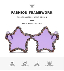 Detailed view of star-shaped purple sunglasses with decorative rhinestones and UV protection