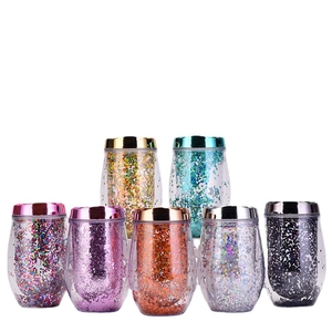 Double Layer Glitter Plastic Cup Egg Shaped Tumbler With Lid Colorful Sequin Acrylic Travel Water Bottle
