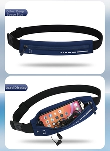 Detail of dark blue running belt showing phone storage and reflective safety strip