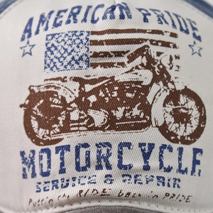 Vintage washed cotton baseball cap with American Pride motorcycle print and distressed texture
