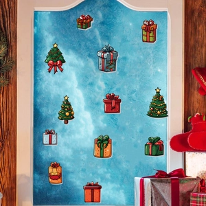 Christmas window decals featuring colorful gift boxes and trees on blue frosted glass