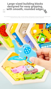 Close-up of child holding large wooden elephant puzzle piece for motor skill development