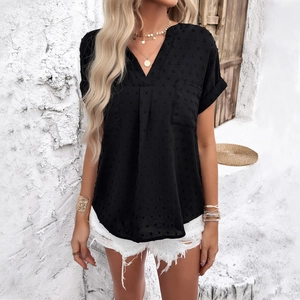 Women's V-neck short sleeve black blouse with polka dot texture and chest pockets