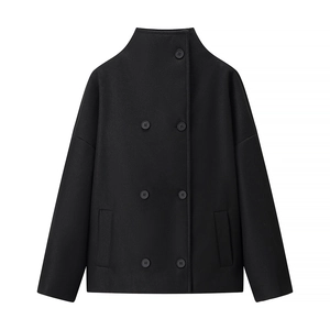 Women black double-breasted cropped pea coat with a stand collar and wool texture