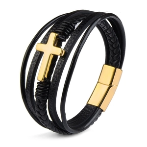 Bracelet multicouche en cuir pour homme avec croix dorée et fermoir magnétique