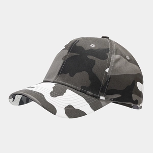 Detail view of camouflage baseball cap showing six-panel structure and curved brim