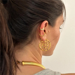 Detail of 18K gold stainless steel fan-shaped ray earrings on model for a vintage look