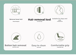 Infographic showing ergonomic pet grooming brush features with one-click cleaning design