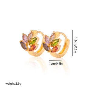 Macro shot of 18k gold plated leaf earring with colorful marquise zircon stones