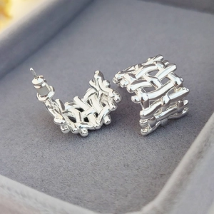 Exquisite silver braided mesh design earrings displayed in a luxury grey jewelry box