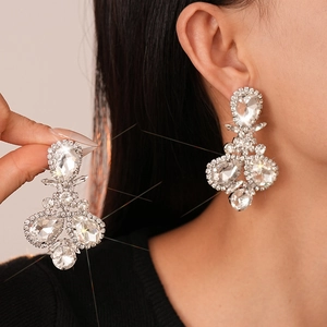 Waterdrop Dangle Earrings With Silver Earring Post Copper Clear Rhinestone Geometric Luxury Shiny Wedding Evening For Women