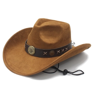 Chapeau de cowboy western en daim marron avec bande en cuir et boucle en métal bronze