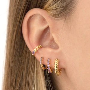 Parure de boucles d'oreilles dorées 18 carats avec pierres de zircon violettes pour femme