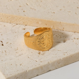 Vintage 18K gold plated Saint Benedict Medal open ring with embossed details