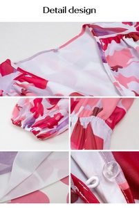 Détails du col en V profond, taille élastique et imprimé camouflage floral sur la robe
