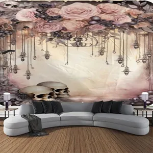 Detail of gothic forest tapestry featuring skull and pink rose floral pattern on a wall