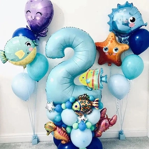 Detail of blue number 2 ocean animal balloon set with starfish and seahorse for 2nd birthday