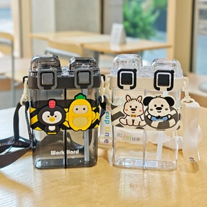 Detail of dual-compartment water bottle with silicone cartoon sleeve and carry strap