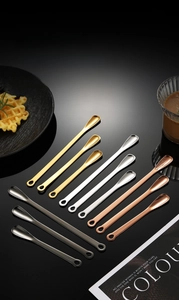 Polished 304 stainless steel coffee spoons in four colors with slim handles and hanging holes