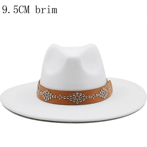 Unisex Wide Brim Fedora Jazz Hat Retro Cashmere Wool Felt Top Hat With Rivet Leather Belt Fashion Solid Color Western Cap