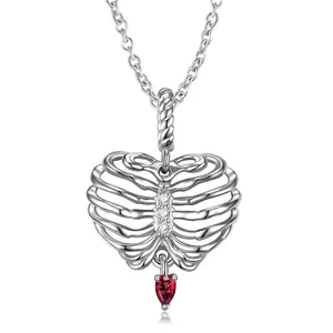 Gothic S925 Sterling Silver Heart Ribcage Pendant Necklace Red Rhinestone Aesthetic Jewelry Fashion Accessory Gift For Women