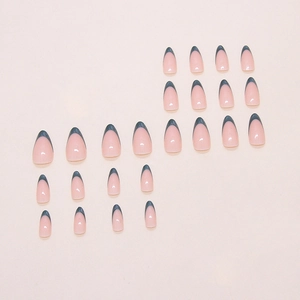 French tip press-on nails in dusty pink with dark grey oval tips, 24 piece set