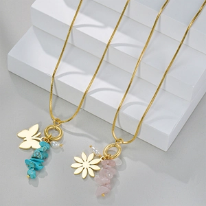 Minimalist gold snake chain necklaces with butterfly and daisy pendants in natural stone