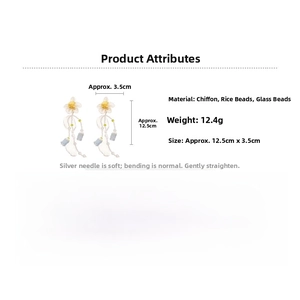 Detail view of floral tassel earrings showing 12.5cm size and white petal beads