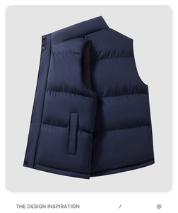 Close-up of windproof navy blue quilted vest with stand collar and metallic snap buttons