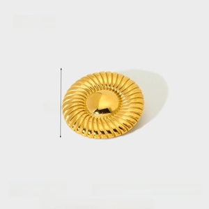 Detailed view of 18k gold plated ribbed round stainless steel brooch with dimensions