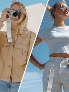 Dettaglio del cinturino in tessuto argento per fotocamera e accessorio moda in vita