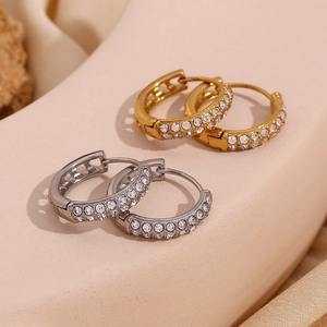 Fashion Stainless Steel Double Row Rhinestone Hoop Earrings For Women 18K Gold Plated Heart Cutout Geometric Ear Jewelry