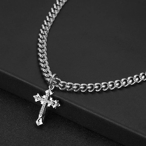 Silver stainless steel Cuban chain necklace with sparkling zircon cross pendant