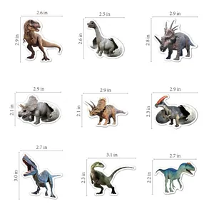 Größentabelle für Dinosaurier-Aufkleber mit Maßen für verschiedene Arten in Zoll