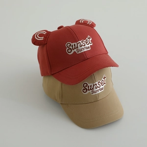 Kids baseball cap featuring cute bear ears and Sunset Sunrise embroidery in two colors