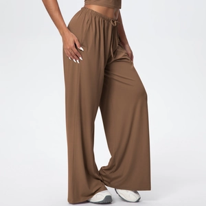 Women's high waist wide leg lounge pants in dark chocolate brown with drawstring waist