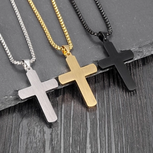 Men's stainless steel cracked cross necklaces in silver, gold, and black with box chains