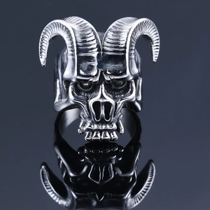 Men Gothic Skull Ring Stainless Steel Ram Horn Vintage Punk Rock Polished Jewelry Silver Color Heavy Biker Band