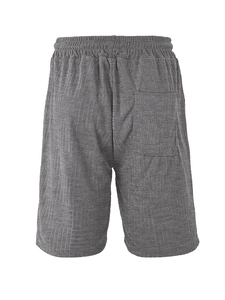 Detail view of grey men's shorts featuring textured jacquard fabric and elastic drawstring waist