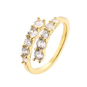 Elegant gold double row micro-paved cubic zirconia open ring for women on white background